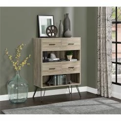 Dorel Home Landon Retro Bookcase With Bins Grey Oak